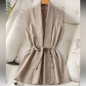 Beige Sleeveless Knit Vest with Tie Waist